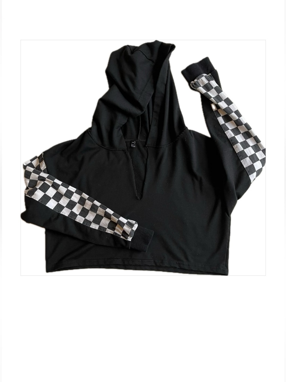 Checkerboard Sleeve Crop Hoodie Deep V Neck Black White Sweatshirt Zaful